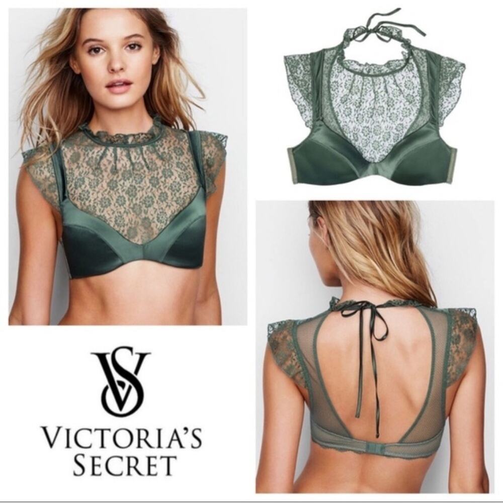 NWT Victoria’s secret dream angles high neck satin/lace plunge 32DD green